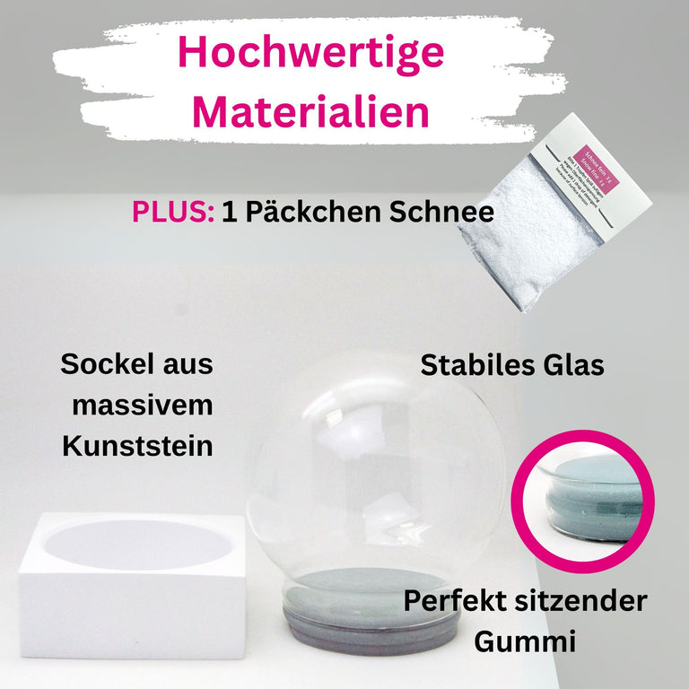 DIY-Komplett-Bastelset für Glas-Schneekugel 150x180mm weiß mit Schnee, Glitzer, Wasserklar & Kleber