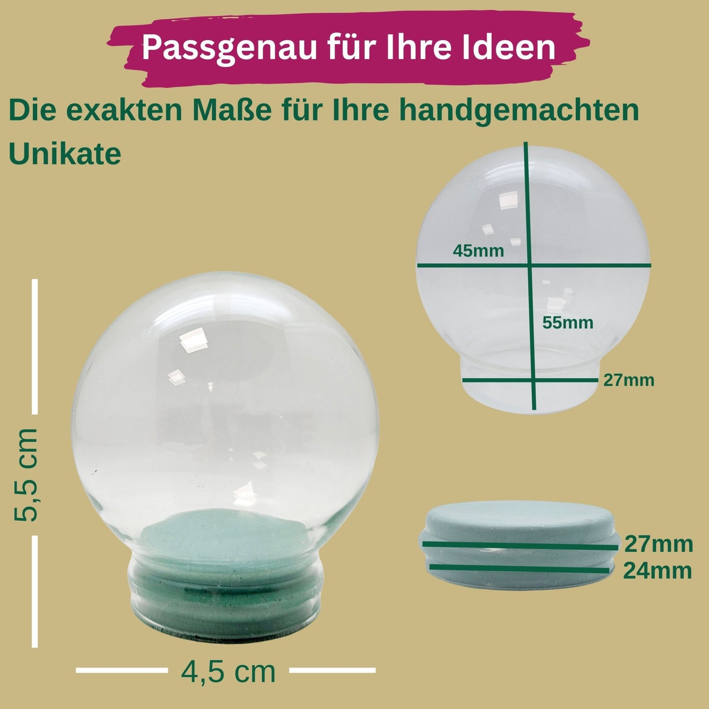 45mm Ersatzglas Bastelglas Schneekugel mit Gummiverschluss + 1x Schnee - Schneekugelhaus