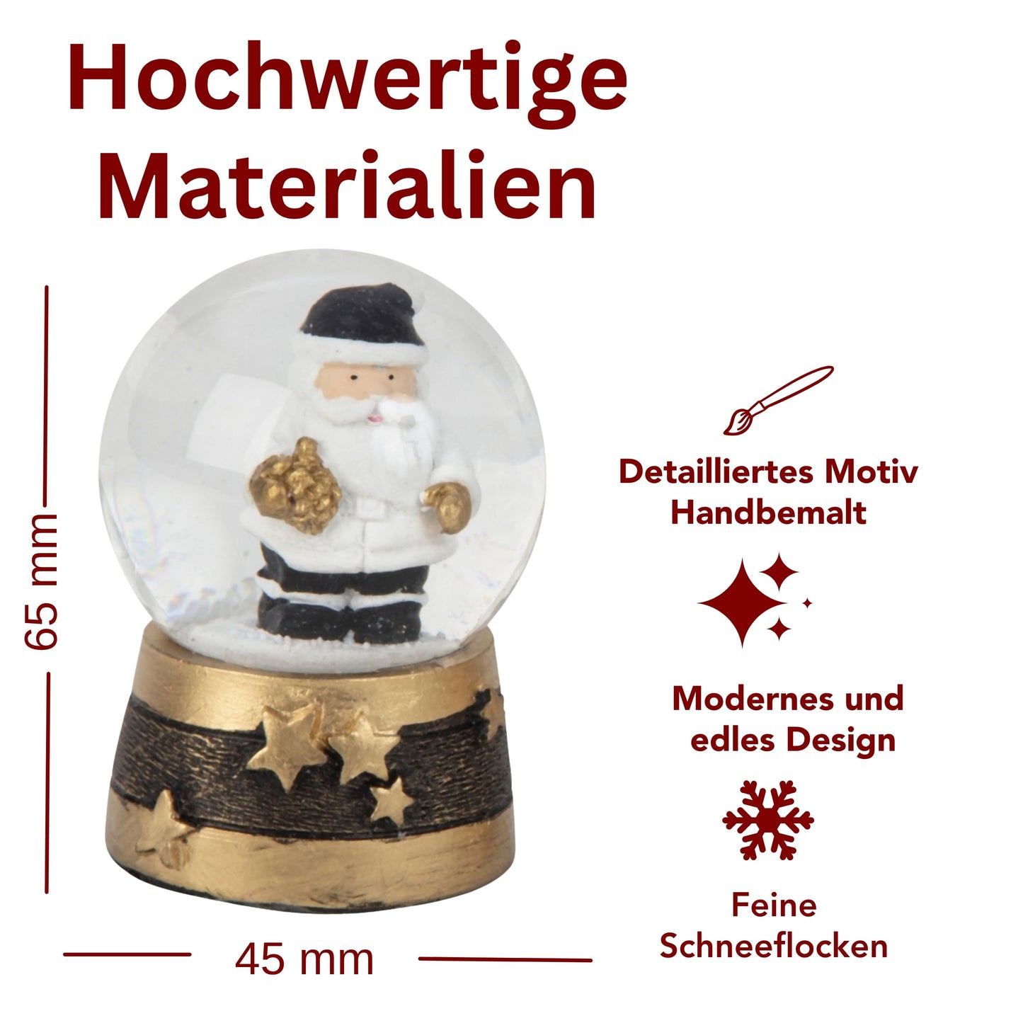 Adventspaket schwarz weiß gold Weihnachtsmann mit 4 Schneekugeln in zwei Größen