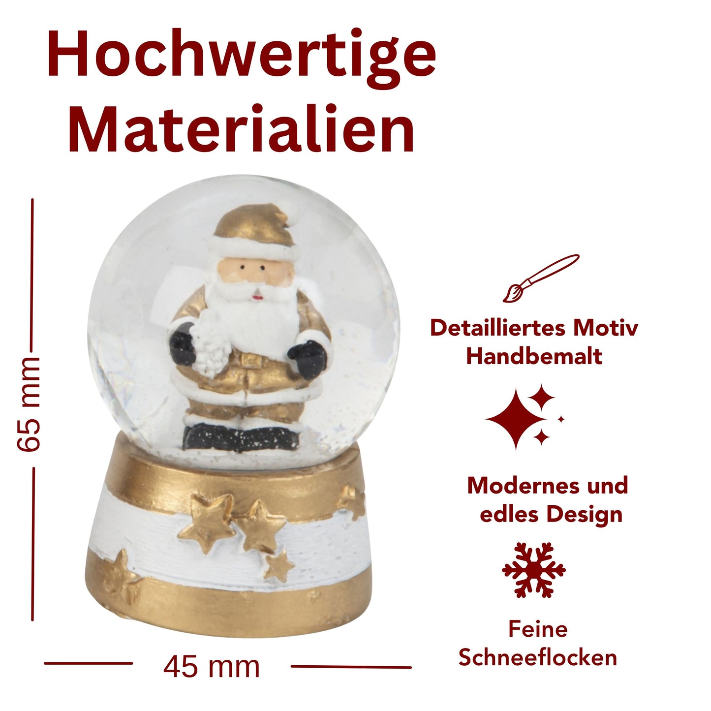 Adventspaket schwarz weiß gold Weihnachtsmann mit 4 Schneekugeln in zwei Größen