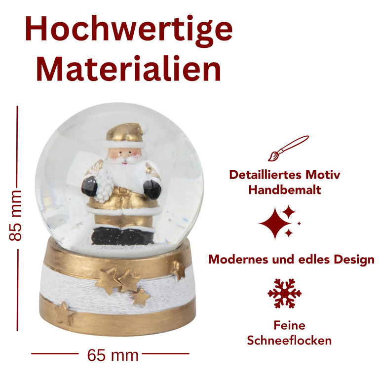 Adventspaket schwarz weiß gold Weihnachtsmann mit 4 Schneekugeln in zwei Größen