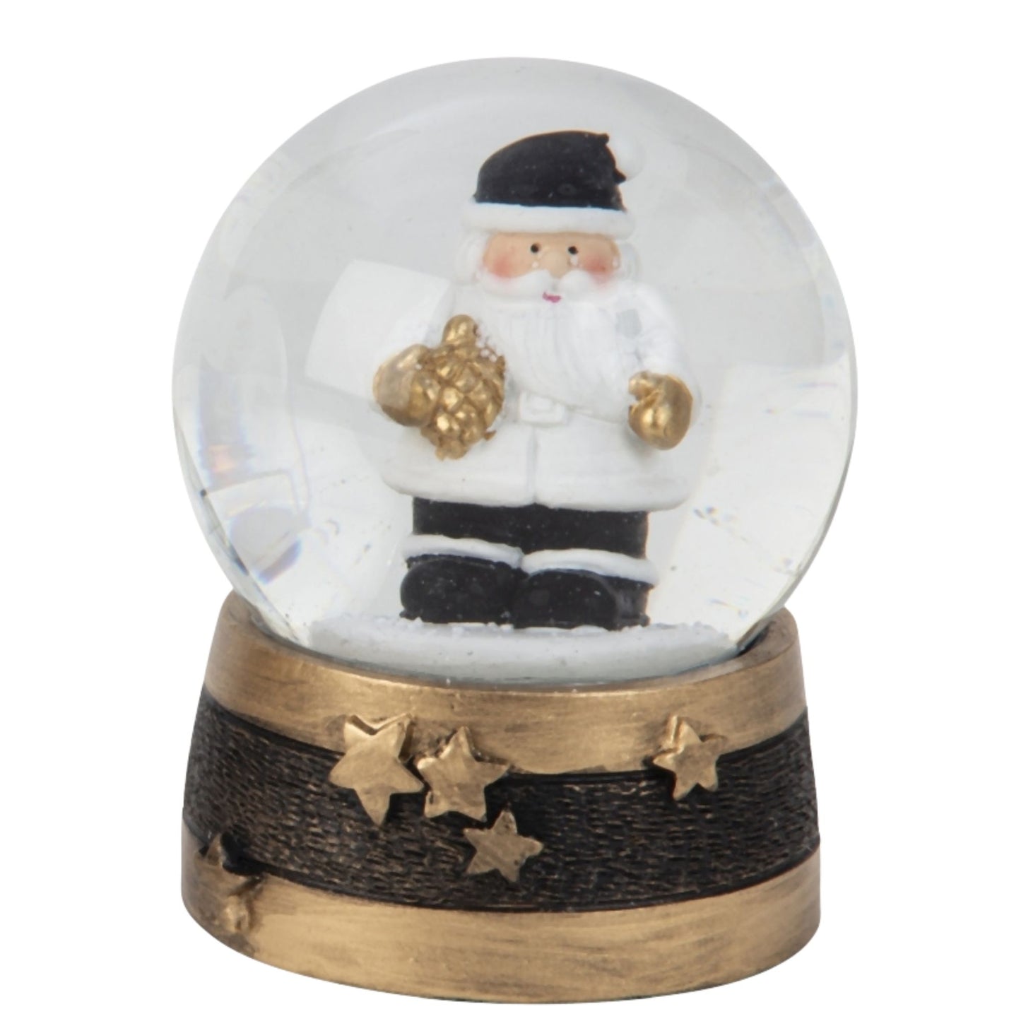Adventspaket schwarz weiß gold Weihnachtsmann mit 4 Schneekugeln in zwei Größen