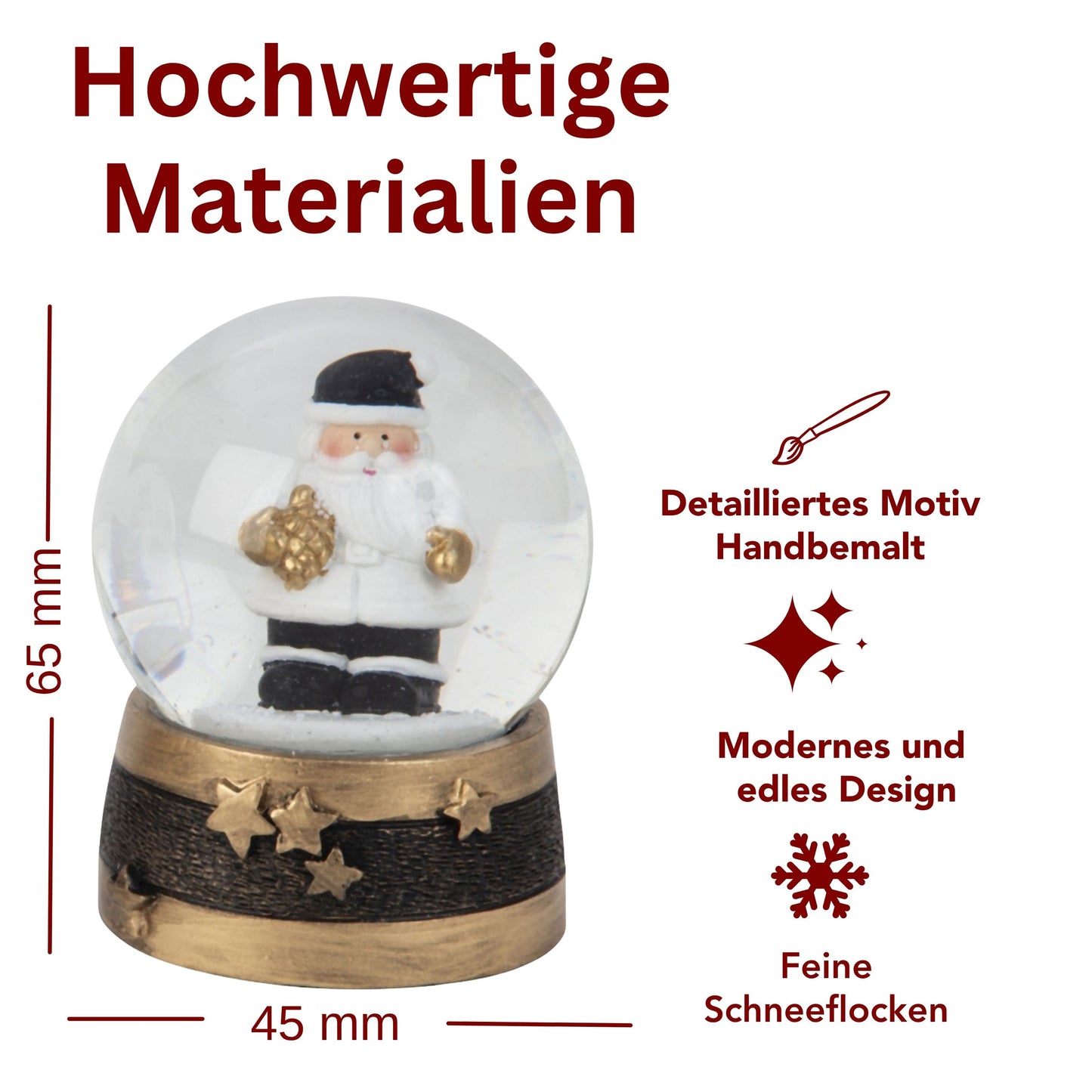 Adventspaket schwarz weiß gold Weihnachtsmann mit 4 Schneekugeln in zwei Größen