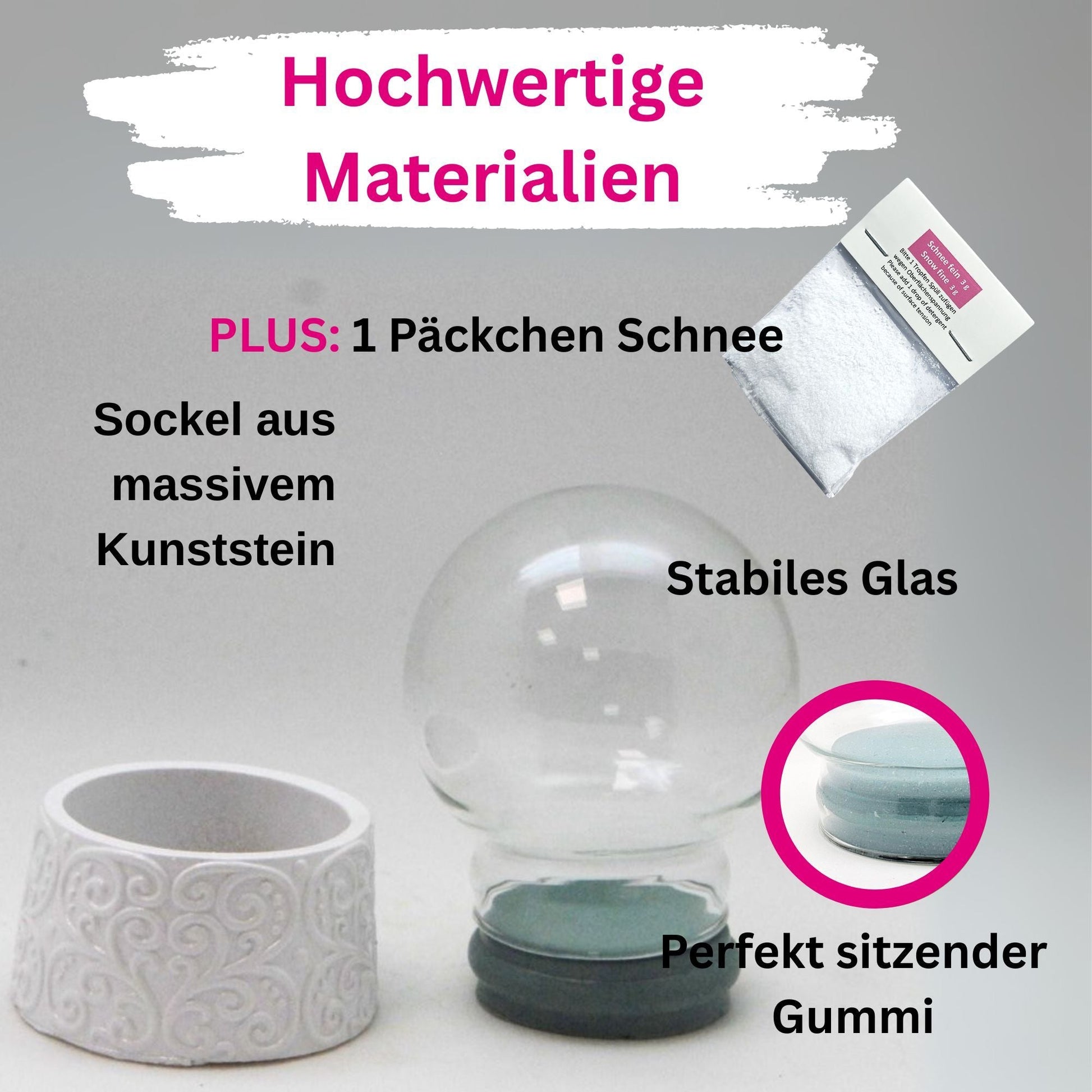 65mm - Do - it - Yourself Schneekugel mit Glas und Ornament - Sockel Bastelset - 1x Schnee - Schneekugelhaus