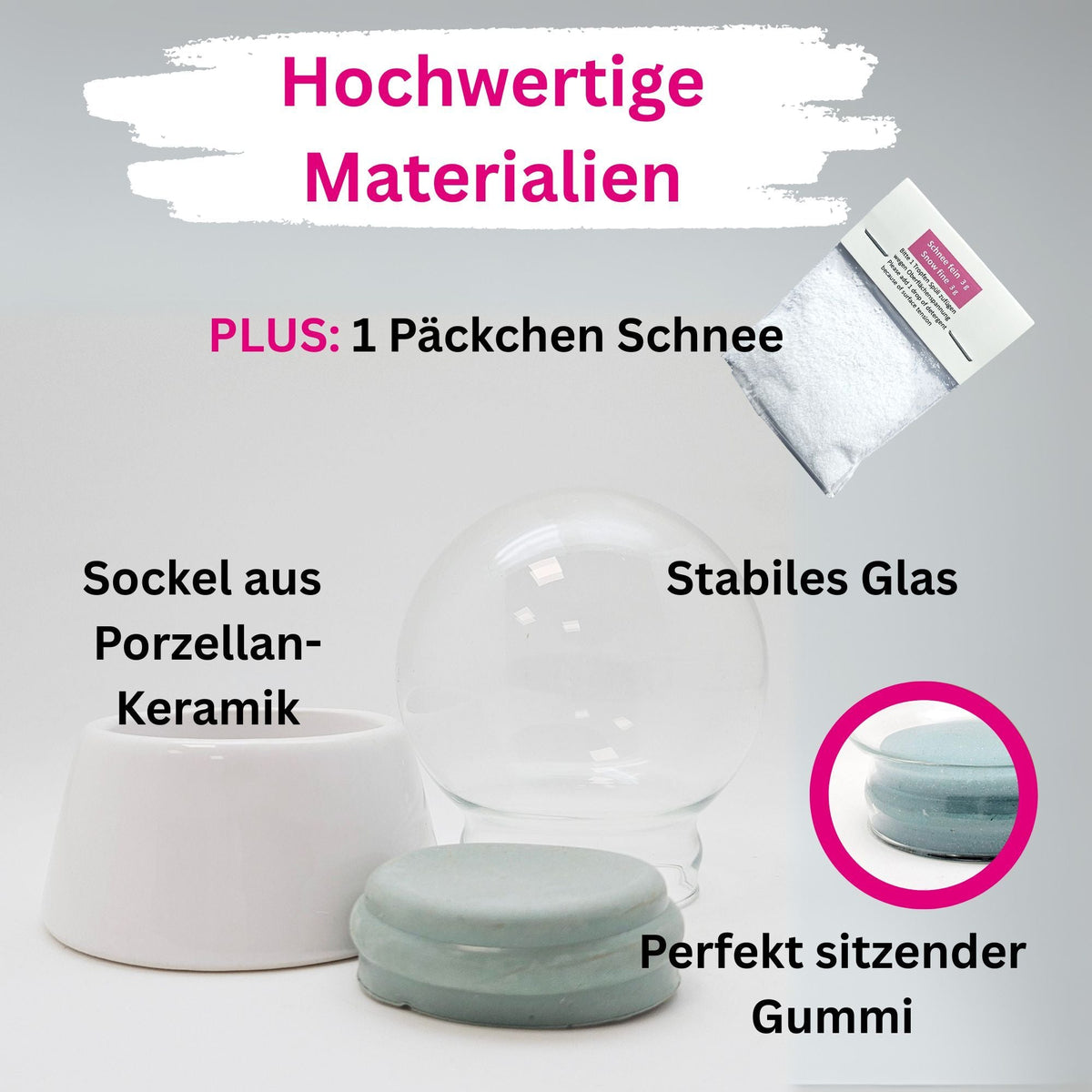 80mm - Do - it - Yourself Schneekugel mit Glas und Porzellan - Sockel - 1x Schnee - Schneekugelhaus