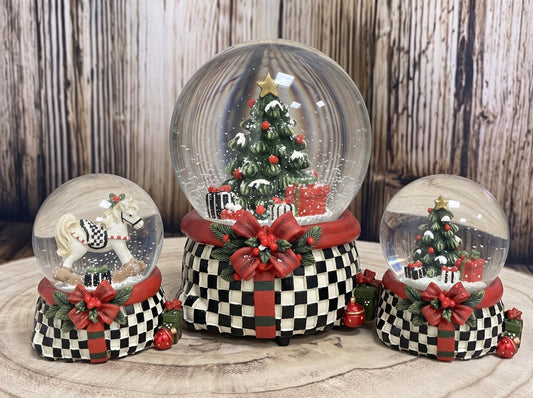 Art-Deco-Paket Checkerboard - 3 Nostalgie Schneekugeln in zwei Größen - Schneekugelhaus