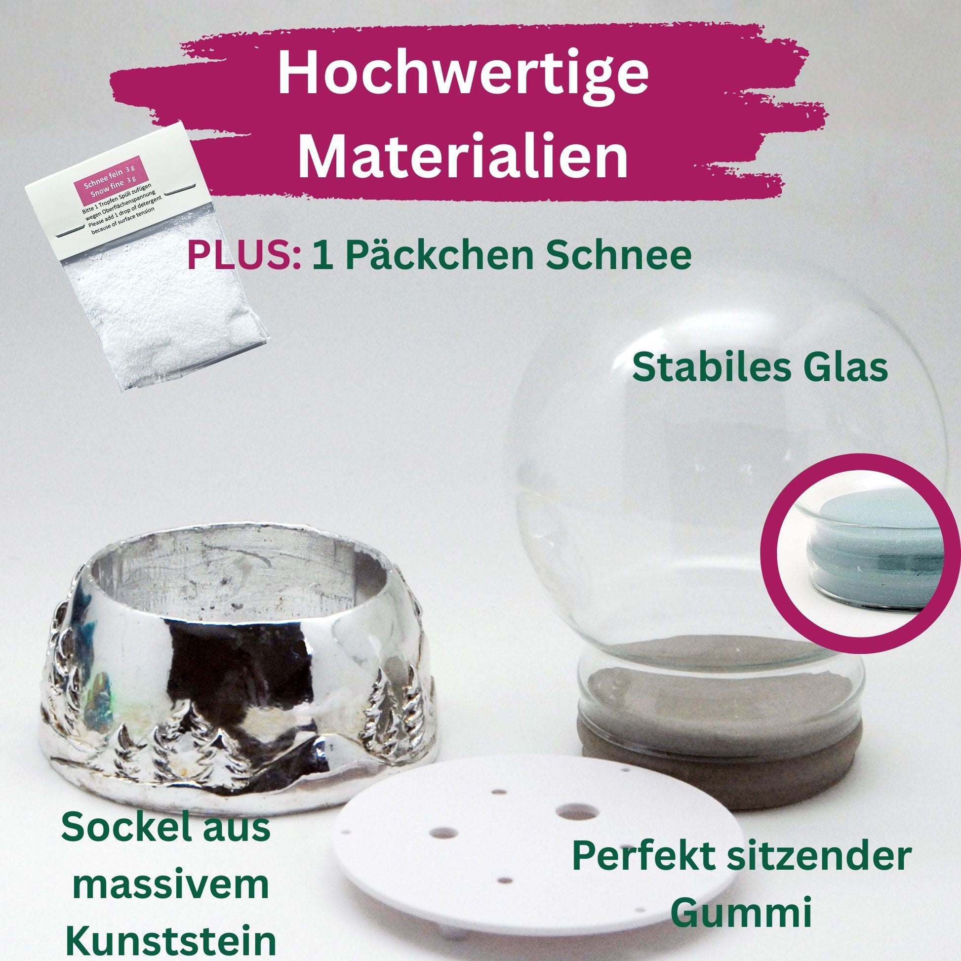 Bastelset 100mm - Do - it - Yourself Schneekugel mit Sockel Porzellan silber Landschaft eloxiert mit 1 x Schnee - Schneekugelhaus