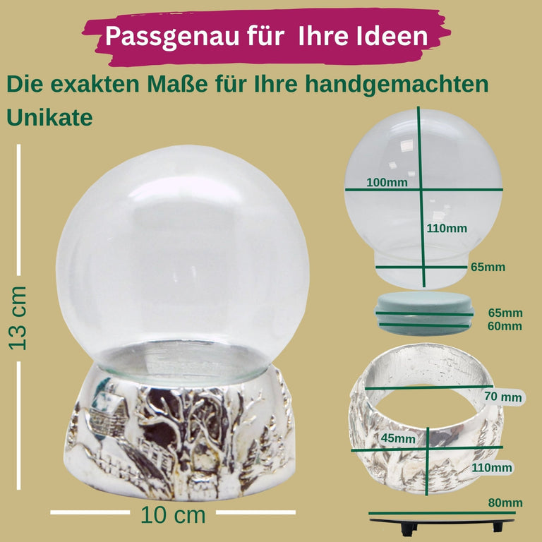 Bastelset 100mm - Do - it - Yourself Schneekugel mit Sockel Porzellan silber Landschaft eloxiert mit 1 x Schnee - Schneekugelhaus