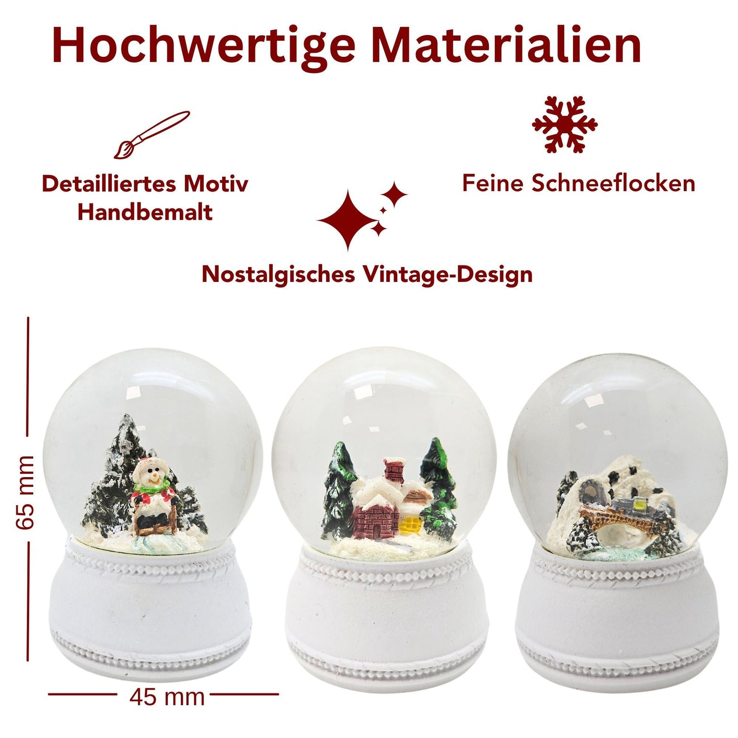 Dekopaket - Bergdorf weiß Nostalgie mit 4 Schneekugeln in mehreren Größen - Schneekugelhaus