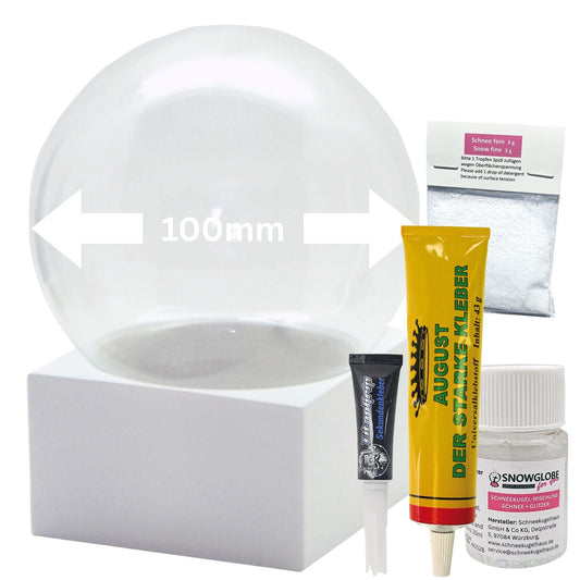 DIY-Komplett-Bastelset für Glas-Schneekugel 100x120mm weiß mit Schnee, Glitzer, Wasserklar & Kleber - Schneekugelhaus