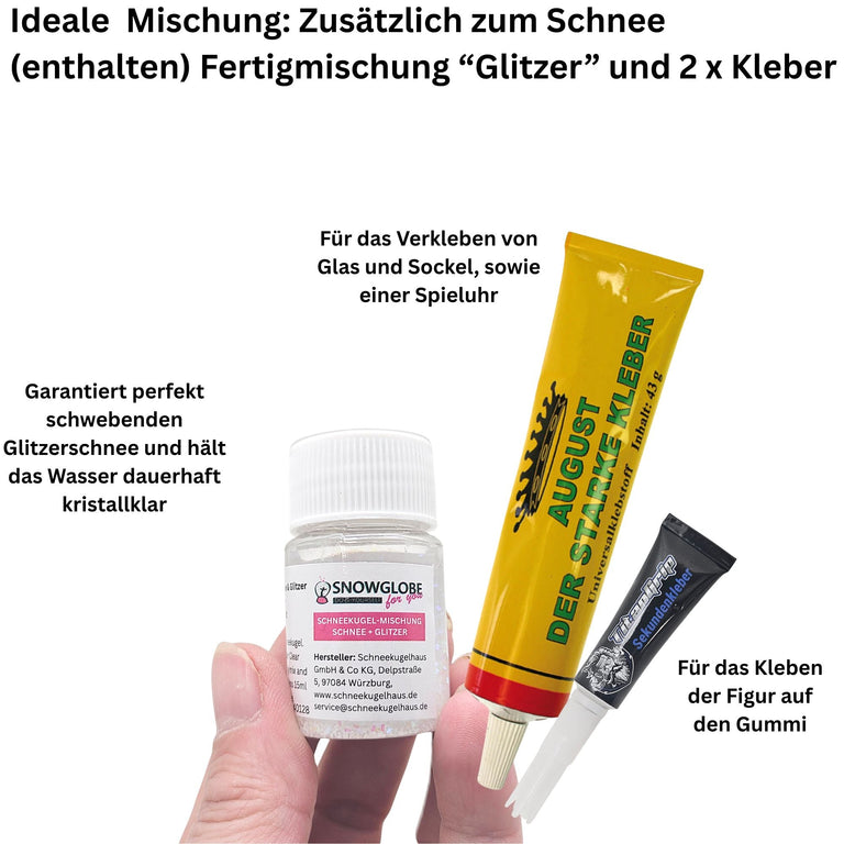 DIY-Komplett-Bastelset für Glas-Schneekugel 150x180mm weiß mit Schnee, Glitzer, Wasserklar & Kleber - Schneekugelhaus