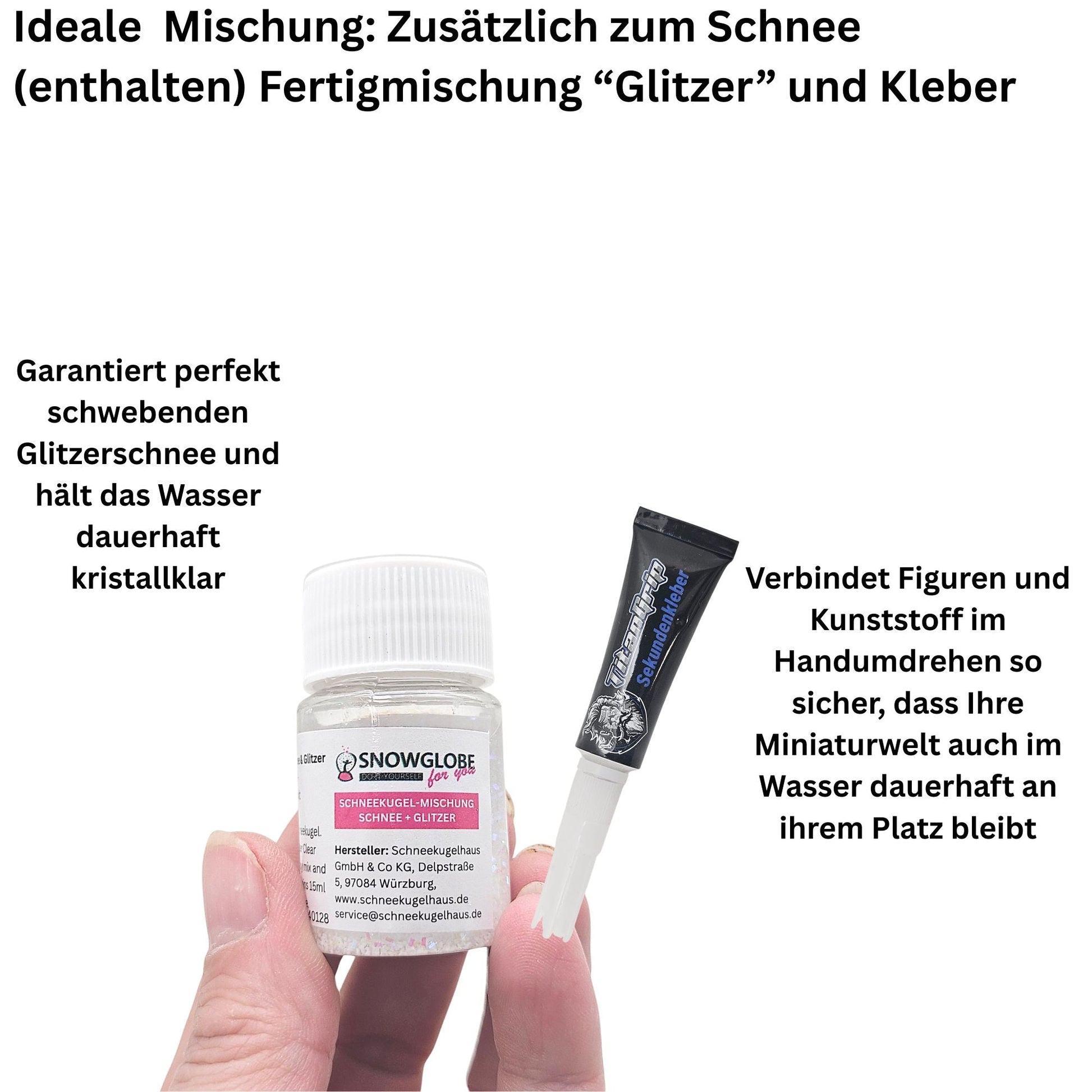 DIY-Komplett-Bastelset für Kunststoff-Schneekugel für 90 x 110 Kugelform mit Schnee, Glitzer, Wasserklar & Sekundenkleber - Schneekugelhaus
