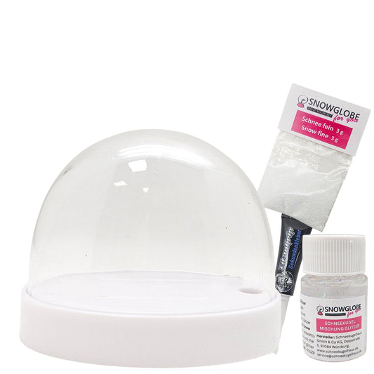 DIY-Komplett-Bastelset für Kunststoff-Schneekugel für FIMO oval 72 x 61 mm weiß mit Schnee, Glitzer, Wasserklar & Sekundenkleber - Schneekugelhaus