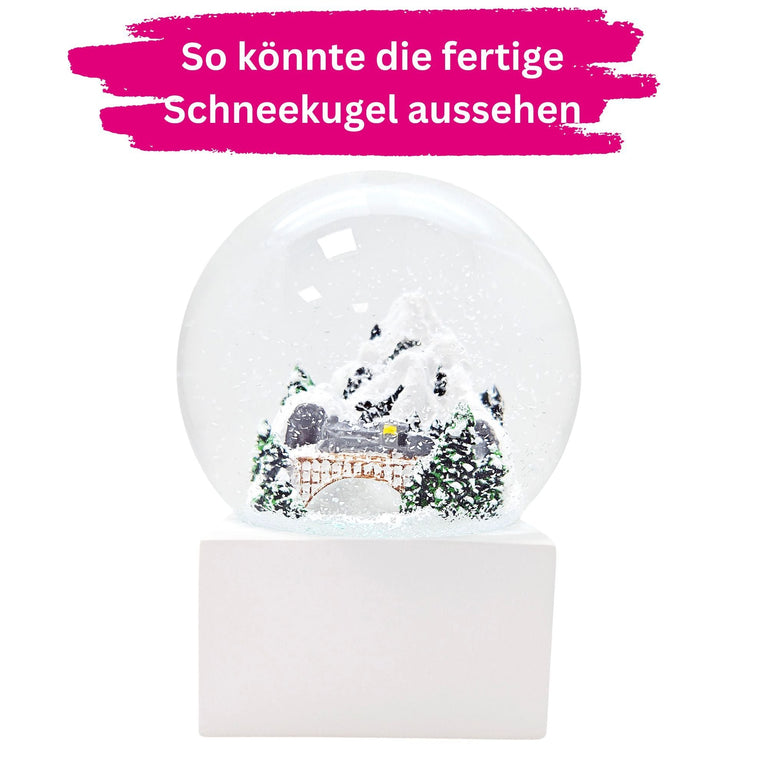 DIY - Komplett - Bastelset für Glas - Schneekugel 100x120mm weiß mit Schnee, Glitzer, Wasserklar & Kleber - Schneekugelhaus