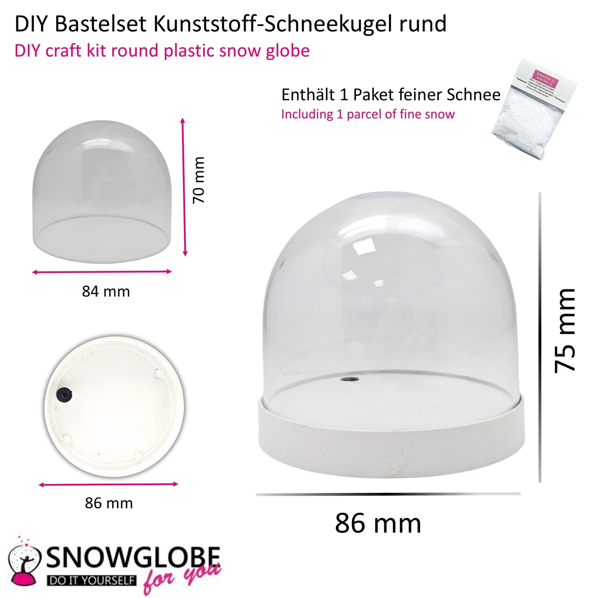 DIY - Komplett - Bastelset für Kunststoff - Schneekugel für FIMO 86x75 mm weiß mit Schnee, Glitzer, Wasserklar & Kleber - Schneekugelhaus