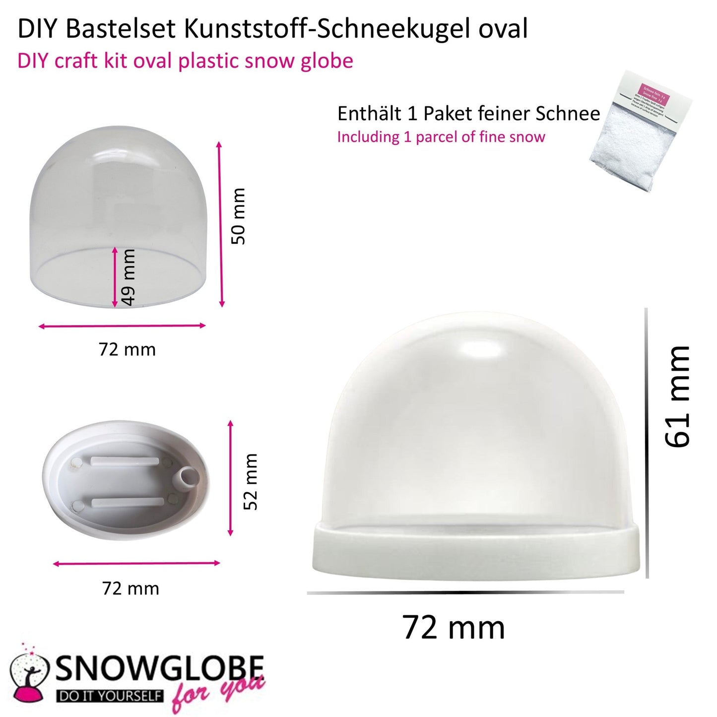 DIY - Komplett - Bastelset für Kunststoff - Schneekugel für FIMO oval 72 x 61 mm weiß mit Schnee, Glitzer, Wasserklar & Kleber - Schneekugelhaus