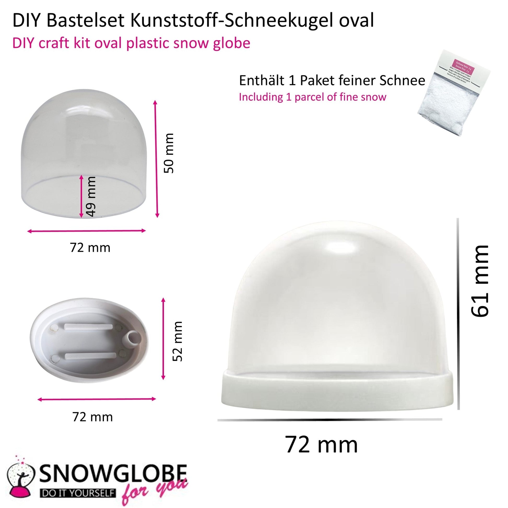 DIY - Komplett - Bastelset für Kunststoff - Schneekugel für FIMO oval 72 x 61 mm weiß mit Schnee, Glitzer, Wasserklar & Kleber - Schneekugelhaus