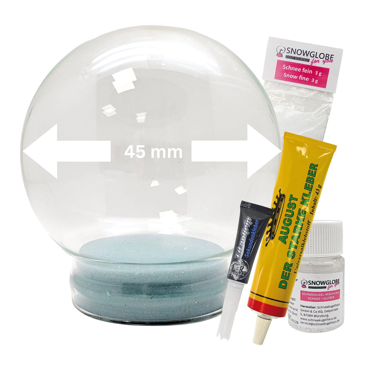 DIY-Reparatur-Komplettset für Glas-Schneekugel 45 x 55 mm mit Schnee, Kleber, Sekundenkleber und Fertigmischung Glitzer (Kopie) (Kopie) (Kopie) - Schneekugelhaus