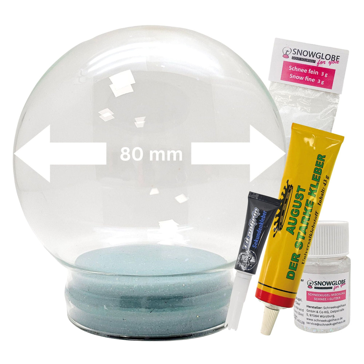 DIY-Reparatur-Komplettset für Glas-Schneekugel 80 x 90 mm mit Schnee, Kleber, Sekundenkleber und Fertigmischung Glitzer (Kopie) (Kopie) - Schneekugelhaus