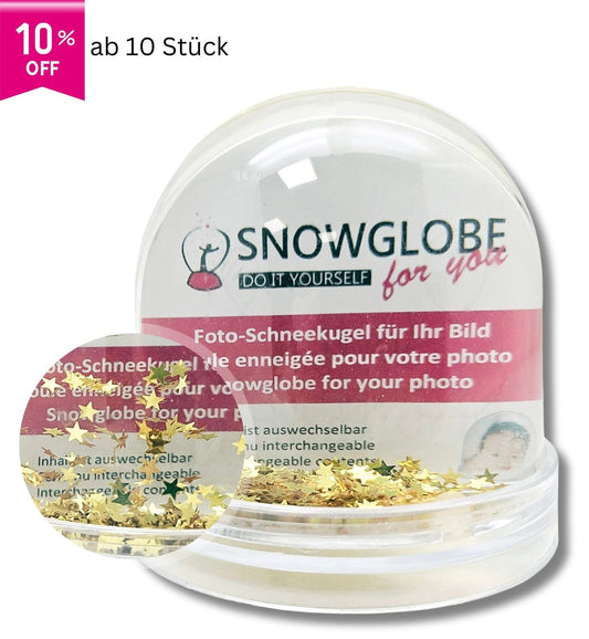 Foto-Schneekugel groß mit transparentem Sockel - goldene Sterne - Schneekugelhaus