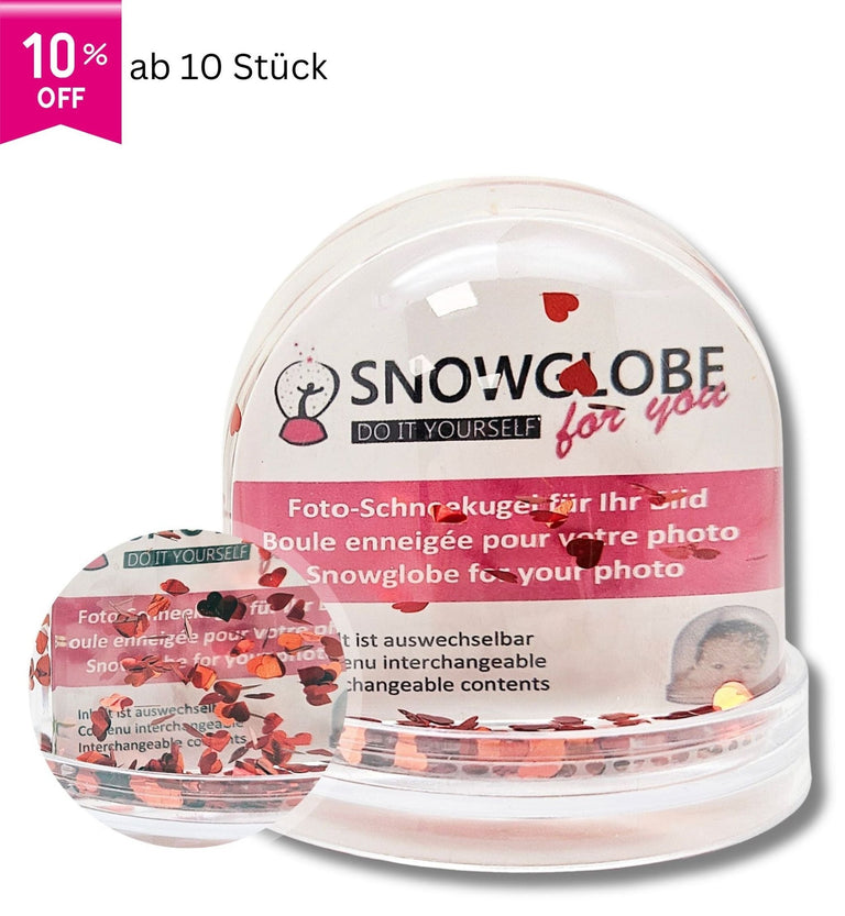 Foto-Schneekugel groß mit transparentem Sockel - rote Herzen - Schneekugelhaus