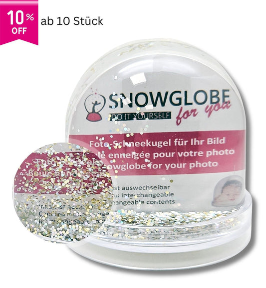 Foto-Schneekugel groß mit transparentem Sockel - silber gold Glitzer - Schneekugelhaus