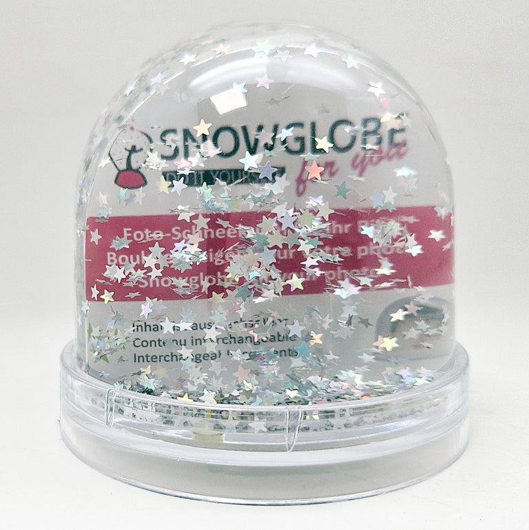 Foto-Schneekugel groß mit transparentem Sockel - silber Sterne - Schneekugelhaus