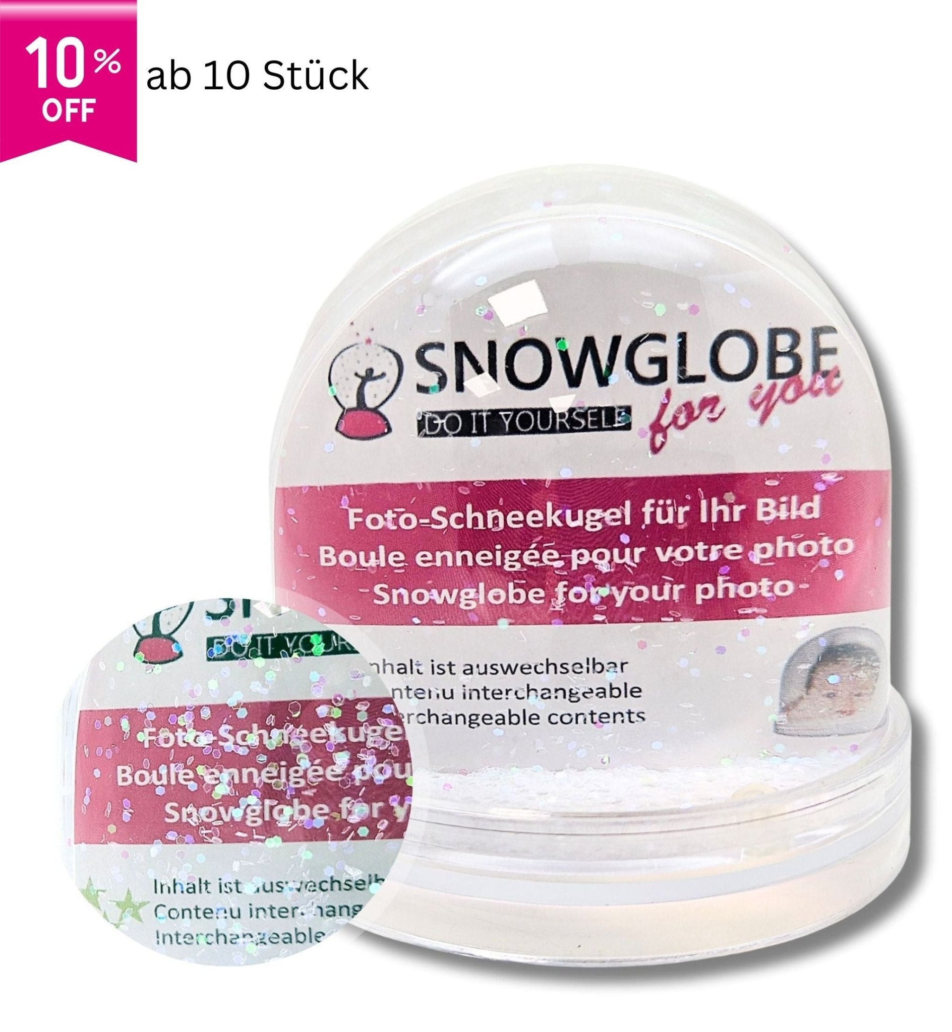 Foto-Schneekugel groß mit transparentem Sockel und pastellfarbener Glitzer - Schneekugelhaus