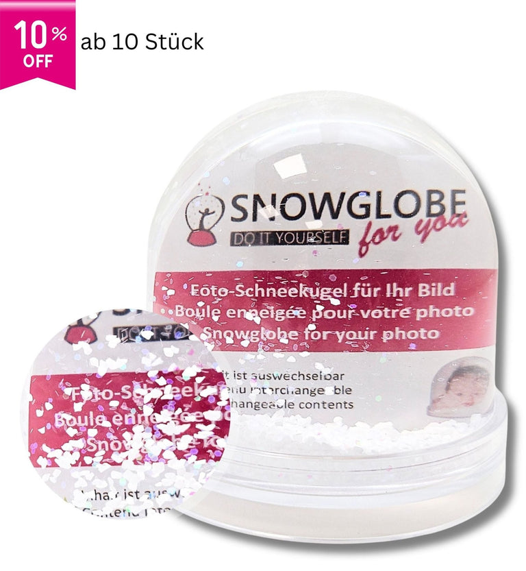 Foto-Schneekugel groß mit transparentem Sockel und Schnee und Glitzer - Schneekugelhaus