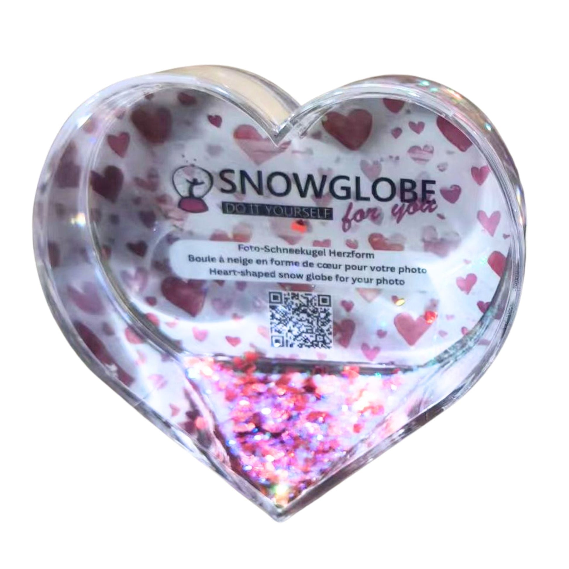 Foto-Schneekugel Herzform mit roten Herzen und transparentem Glitter - Schneekugelhaus