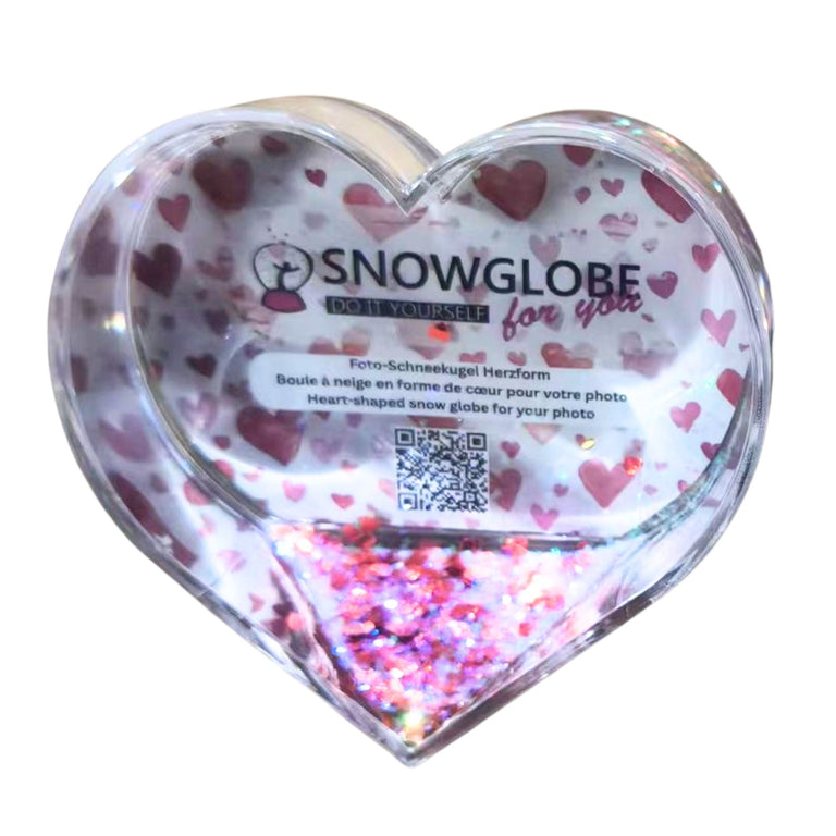Foto-Schneekugel Herzform mit roten Herzen und transparentem Glitter - Schneekugelhaus