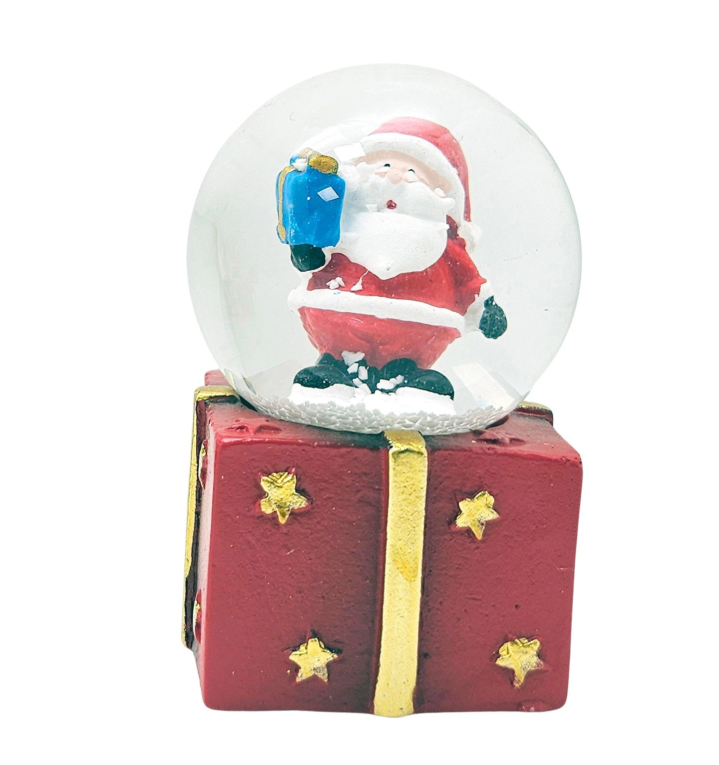 Mini - Schneekugeln Weihnachtsmann Paket auf Geschenke - Sockel 45mm Durchmesser - Schneekugelhaus