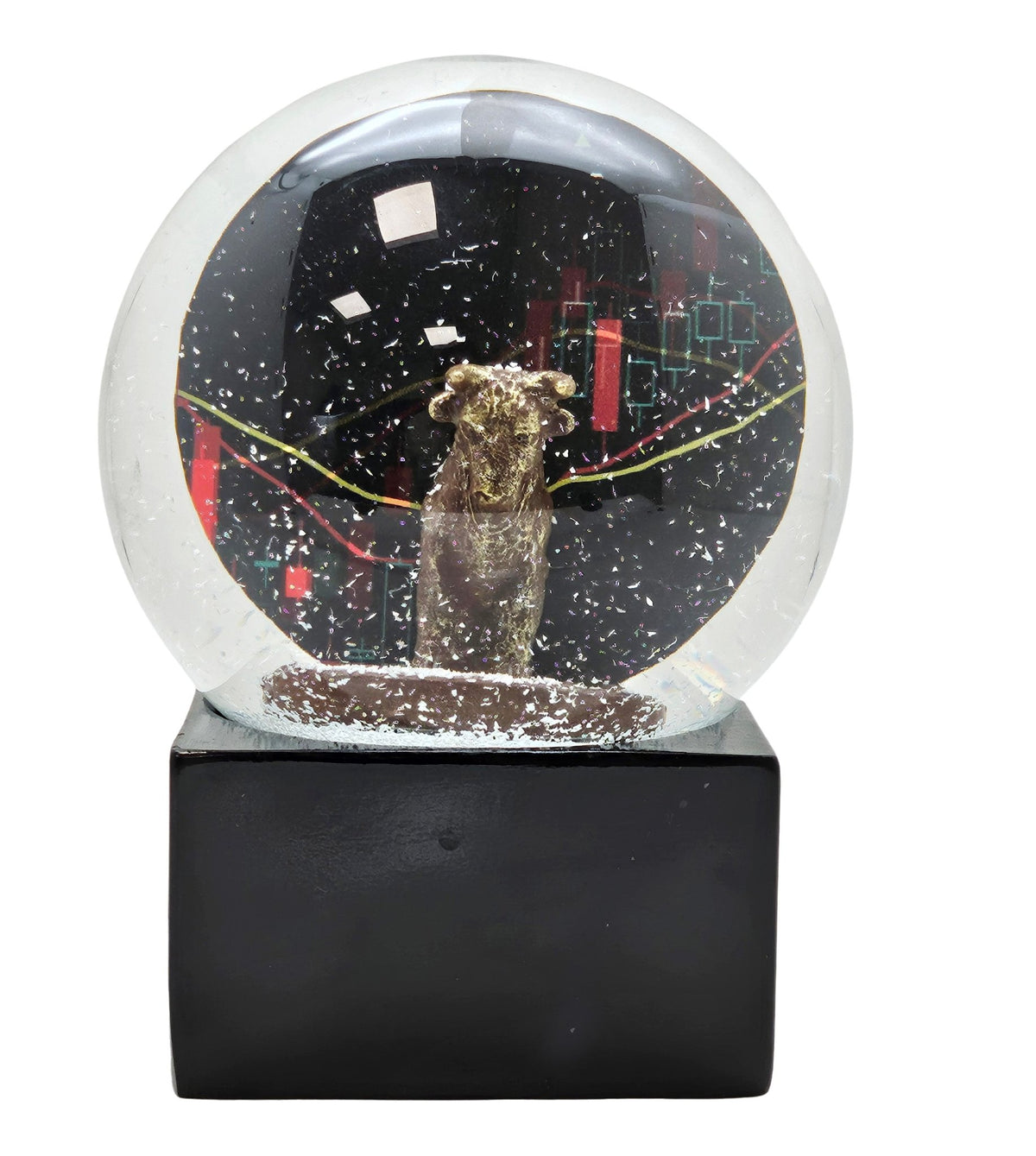 Moderne Designer Schneekugel Börse Bulle & Bär auf Sockel eck 100 mm Durchmesser - Schneekugelhaus