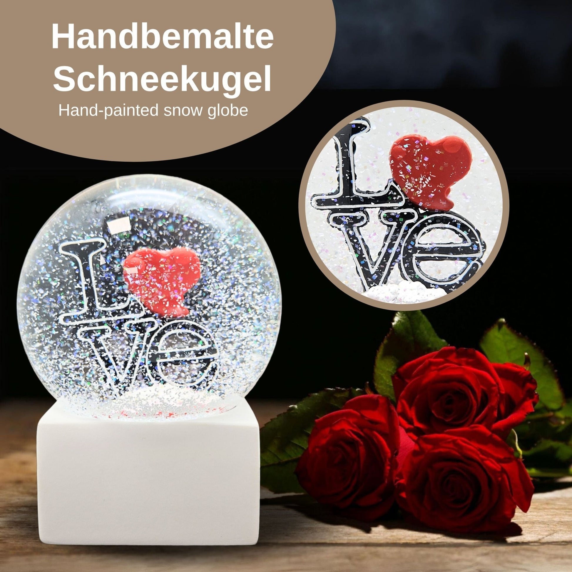 Moderne Designer Schneekugel LOVE auf Sockel weiß eck 100 mm Durchmesser - Schneekugelhaus