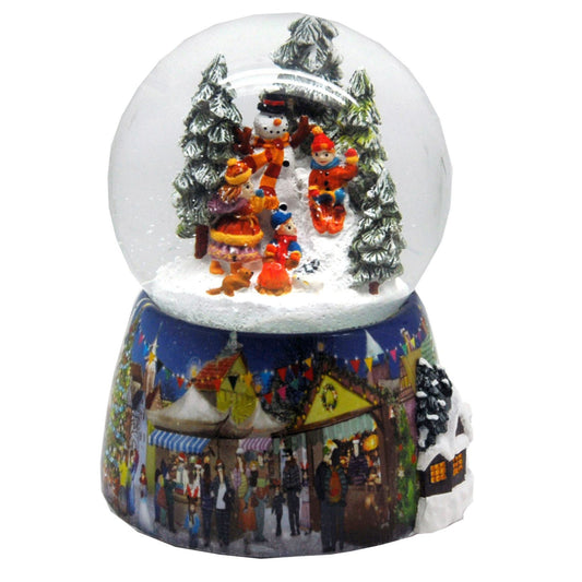 Nostalgie - Schneekugel mit Kindern und Schneemann mit Spieluhr - 100mm Durchmesser - Schneekugelhaus
