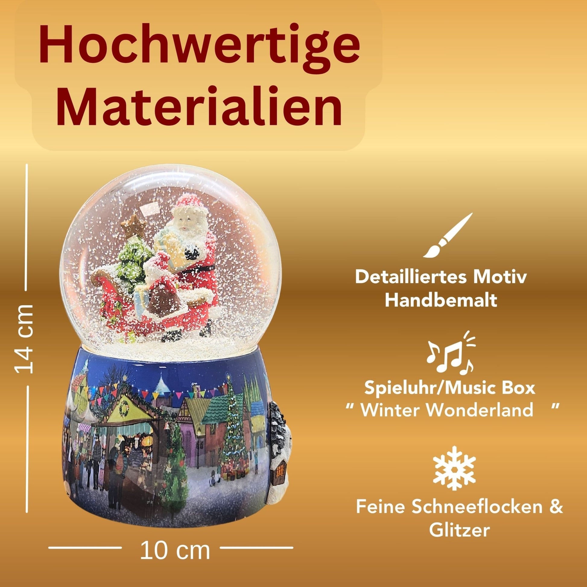 Nostalgie - Schneekugel mit Weihnachtsmann mit Schlitten mit Spieluhr 100 mm Durchmesser - Schneekugelhaus