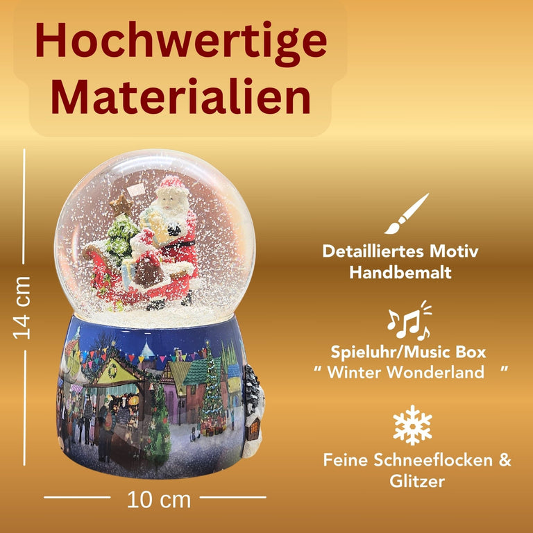 Nostalgie - Schneekugel mit Weihnachtsmann mit Schlitten mit Spieluhr 100 mm Durchmesser - Schneekugelhaus