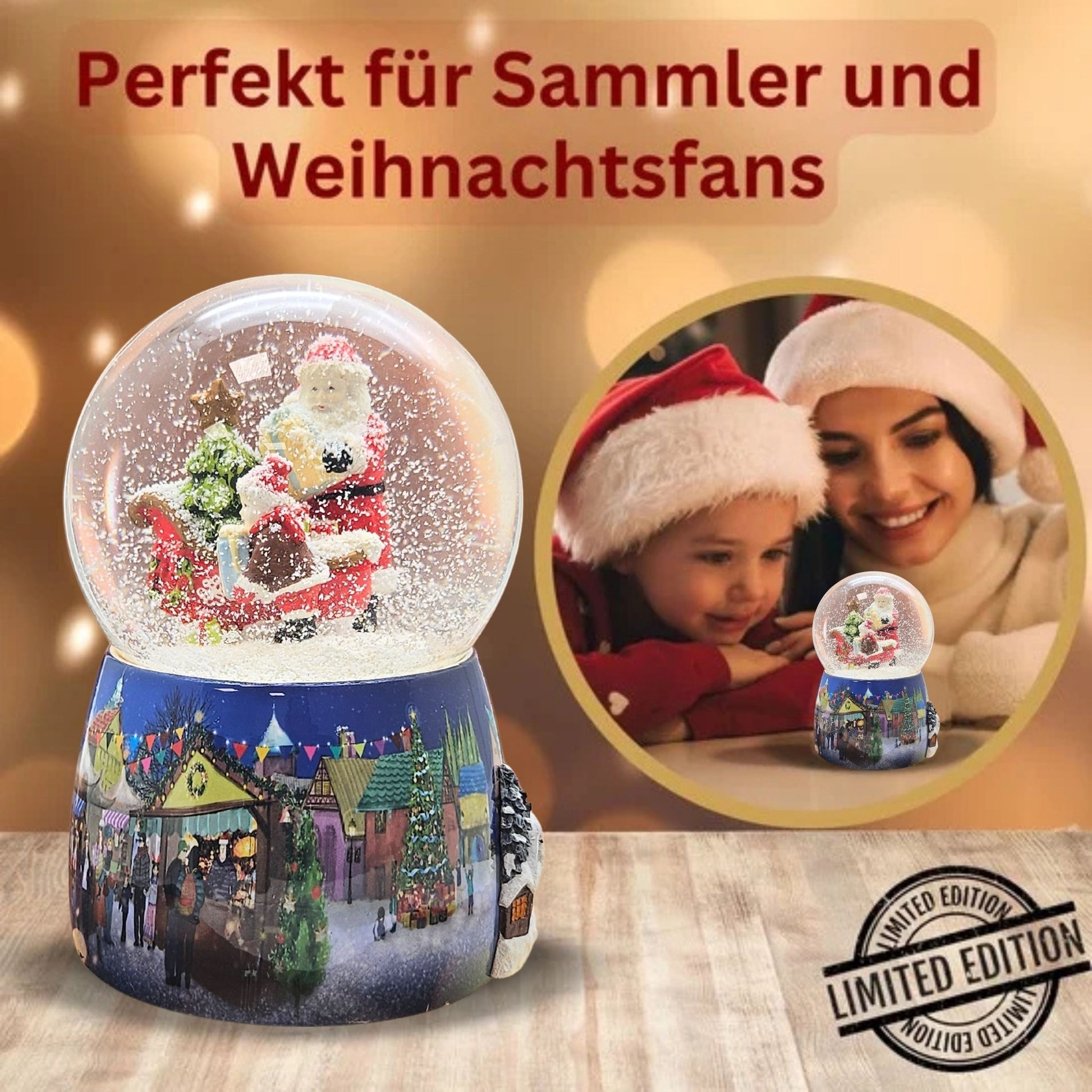 Nostalgie - Schneekugel mit Weihnachtsmann mit Schlitten mit Spieluhr 100 mm Durchmesser - Schneekugelhaus