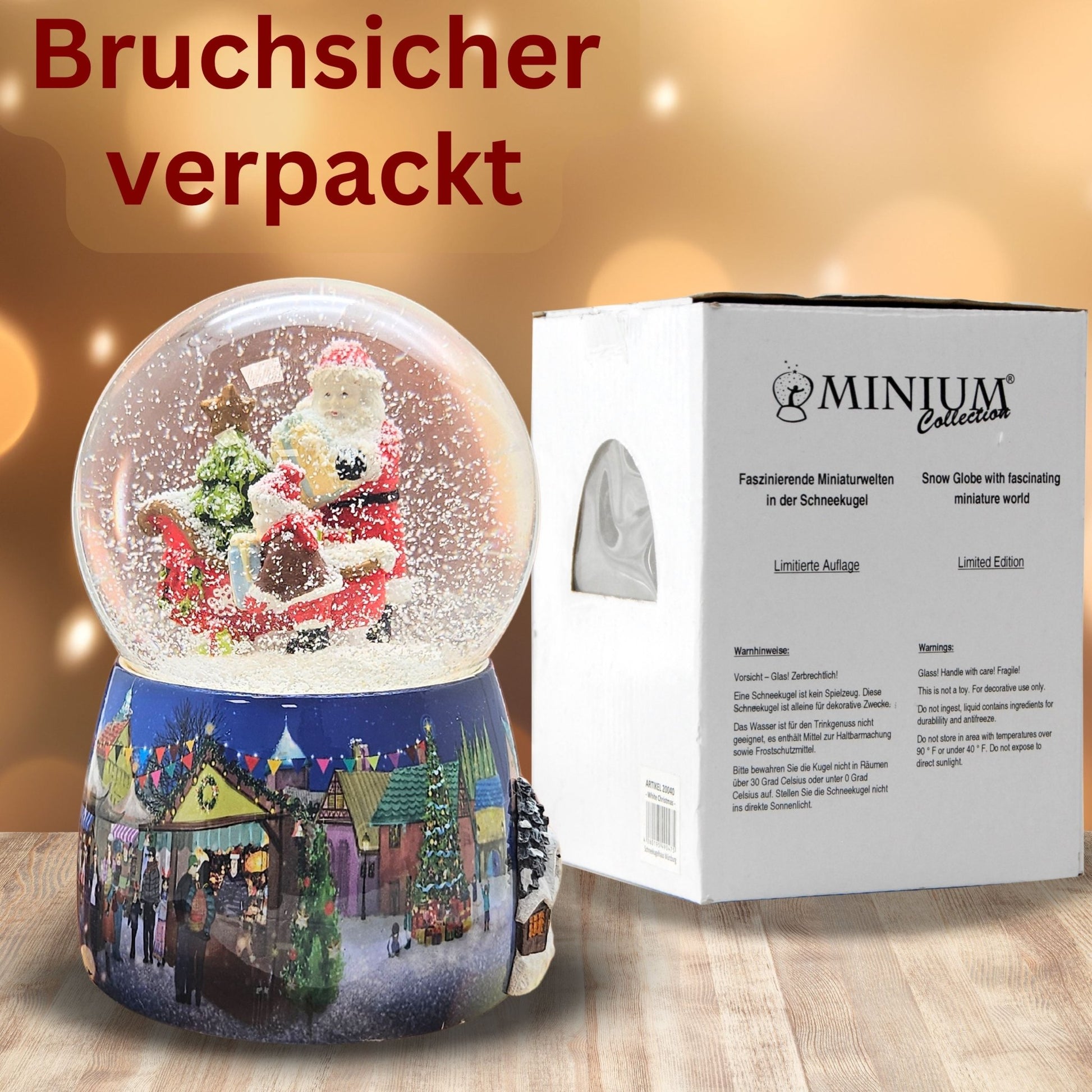Nostalgie - Schneekugel mit Weihnachtsmann mit Schlitten mit Spieluhr 100 mm Durchmesser - Schneekugelhaus