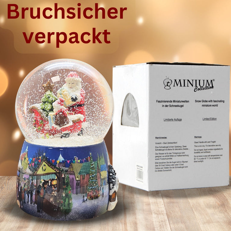 Nostalgie - Schneekugel mit Weihnachtsmann mit Schlitten mit Spieluhr 100 mm Durchmesser - Schneekugelhaus