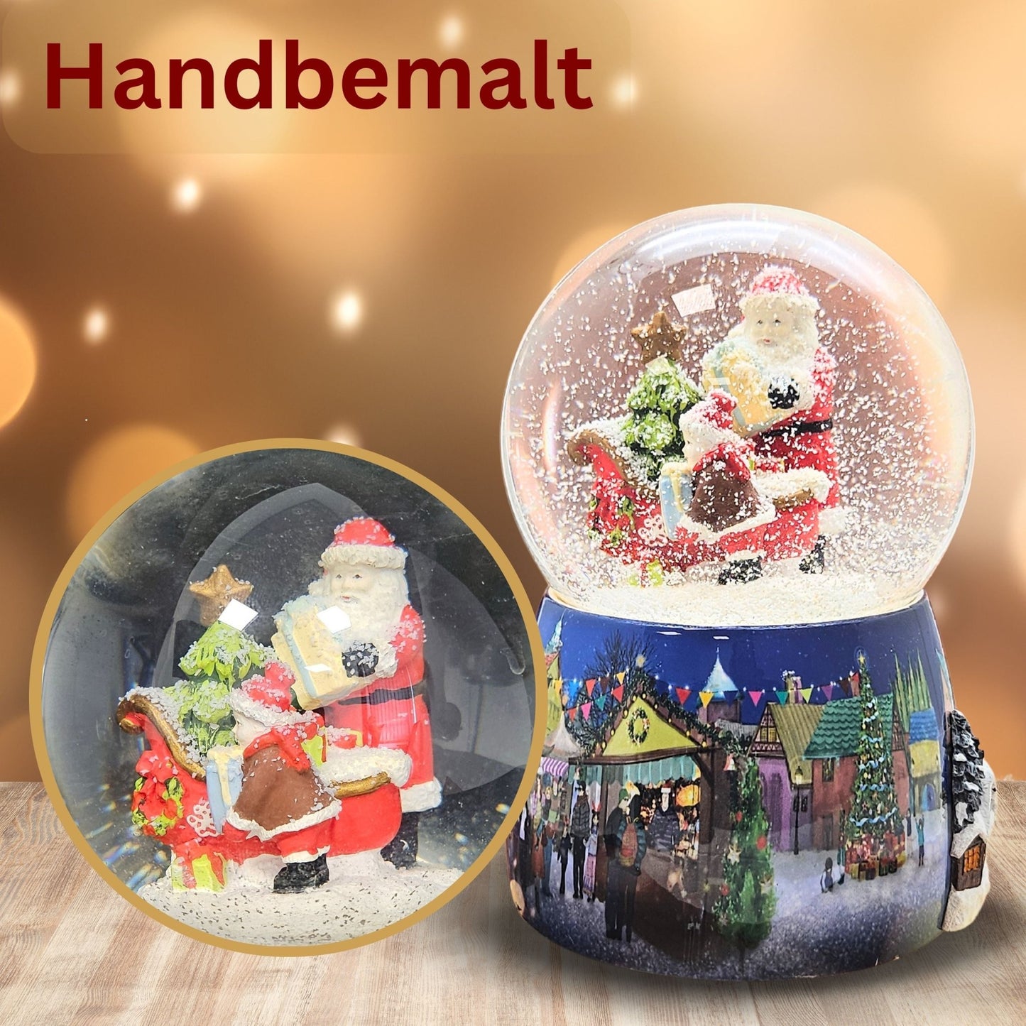Nostalgie - Schneekugel mit Weihnachtsmann mit Schlitten mit Spieluhr 100 mm Durchmesser - Schneekugelhaus