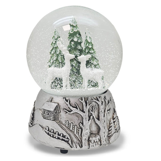 Nostalgische Schneekugel 2 Rehe auf Silber Landschaft 100 mm Durchmesser mit Spieluhr - Schneekugelhaus