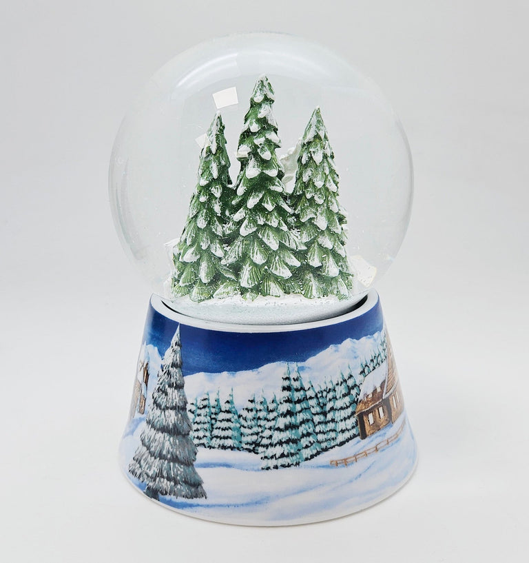 Nostalgische Schneekugel 2 Rehe auf Sockel Winterlandschaft mittelblau 100 mm Durchmesser mit Spieluhr - Schneekugelhaus