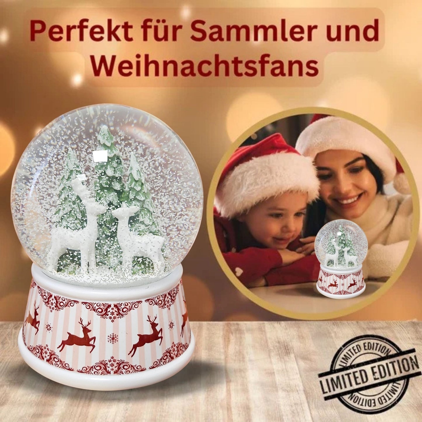 Nostalgische Schneekugel 2 Rehe Hüttenzauber 100 mm Durchmesser mit Spieluhr - Schneekugelhaus