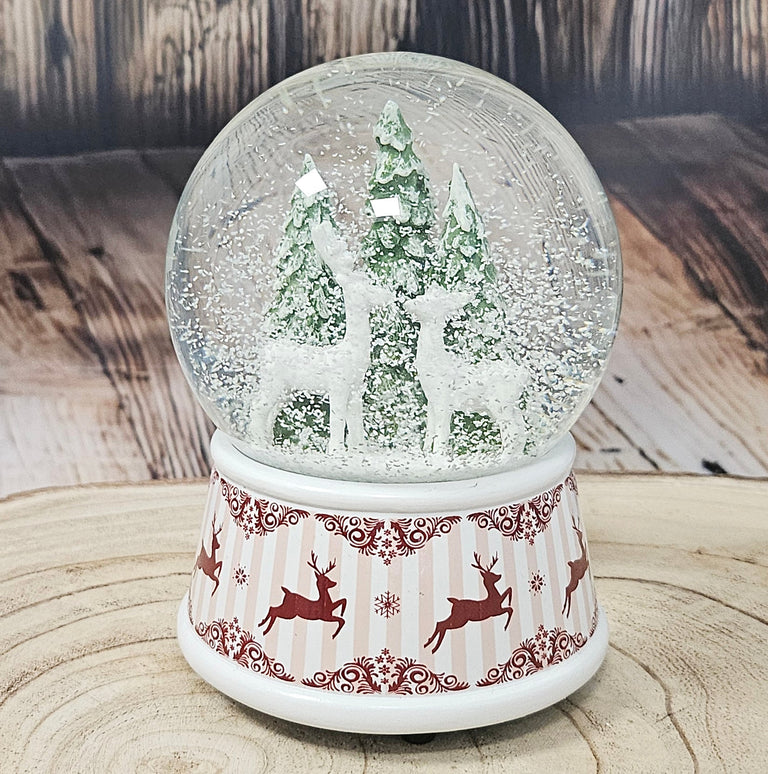 Nostalgische Schneekugel 2 Rehe Hüttenzauber 100 mm Durchmesser mit Spieluhr - Schneekugelhaus