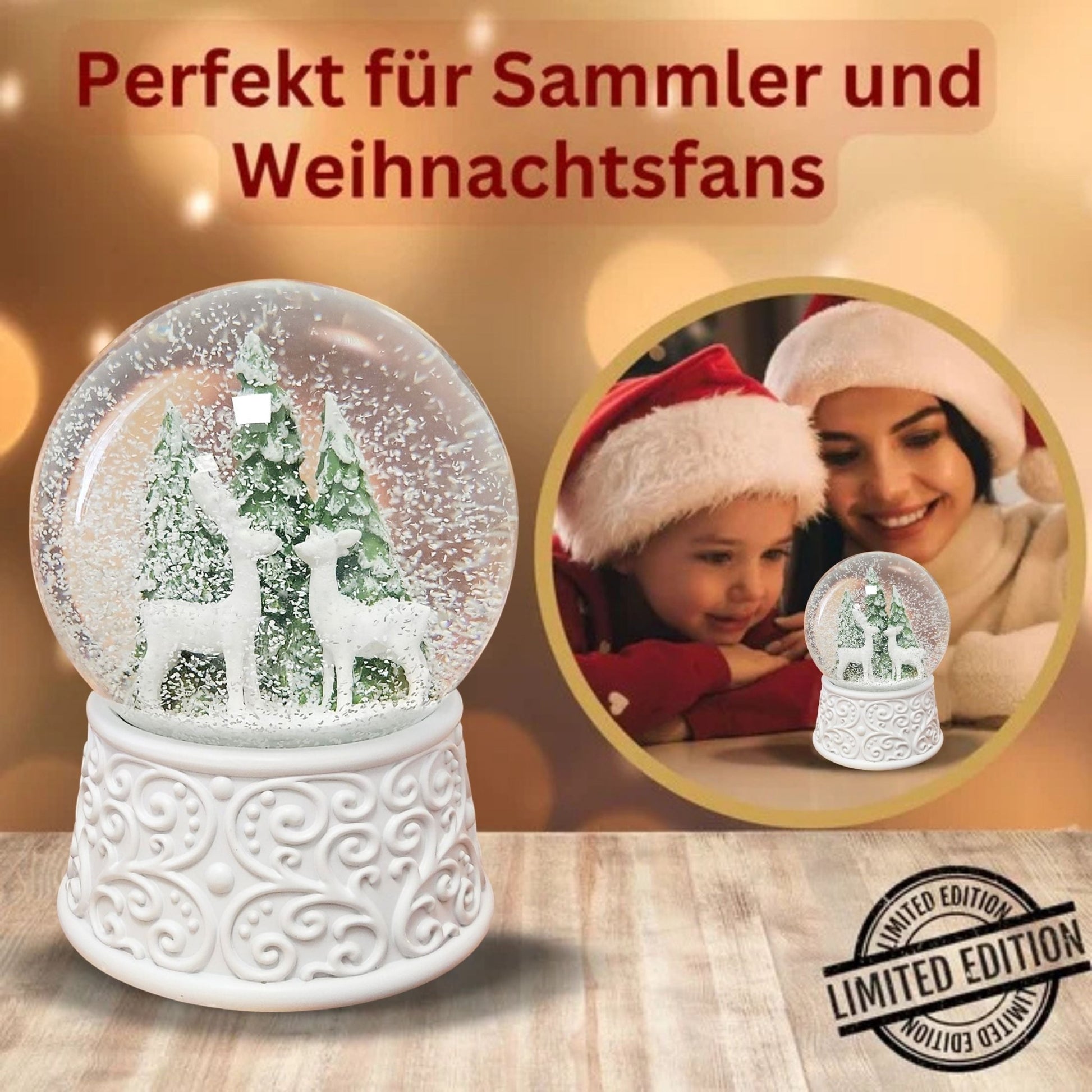 Nostalgische Schneekugel 2 Rehe Hüttenzauber 100 mm Durchmesser mit Spieluhr - Schneekugelhaus