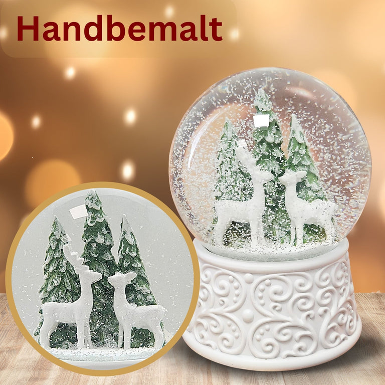 Nostalgische Schneekugel 2 Rehe Hüttenzauber 100 mm Durchmesser mit Spieluhr - Schneekugelhaus