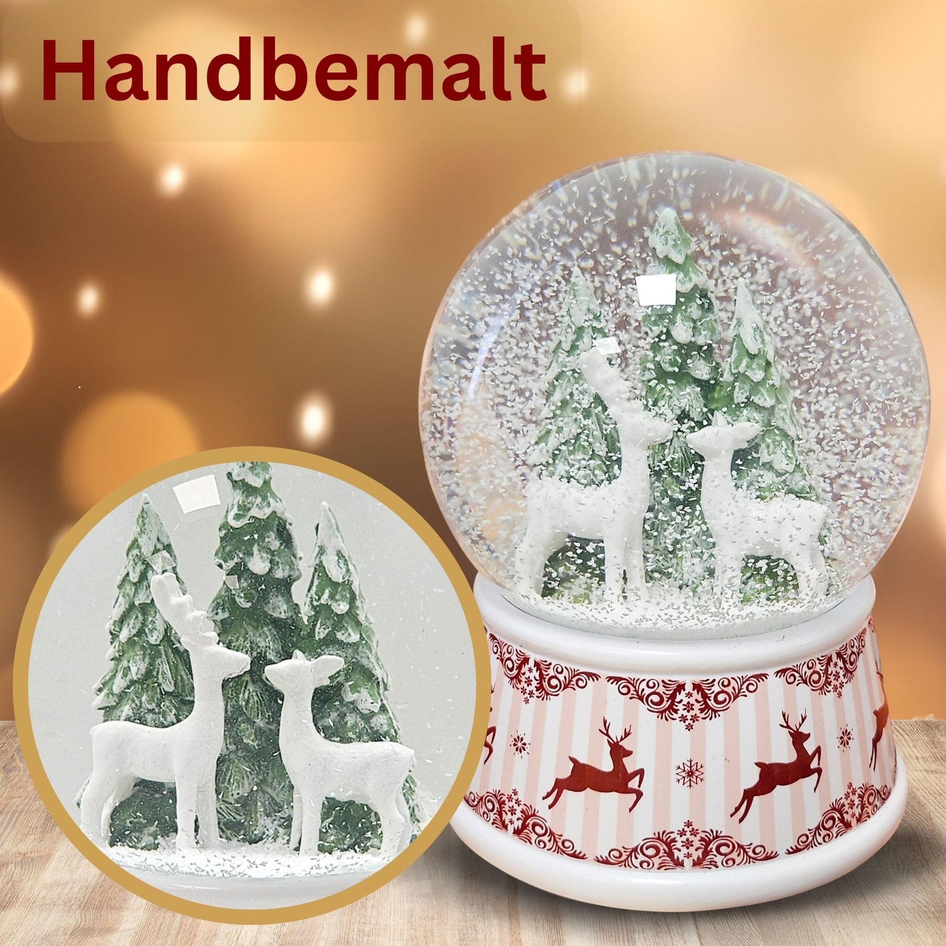 Nostalgische Schneekugel 2 Rehe Hüttenzauber 100 mm Durchmesser mit Spieluhr - Schneekugelhaus