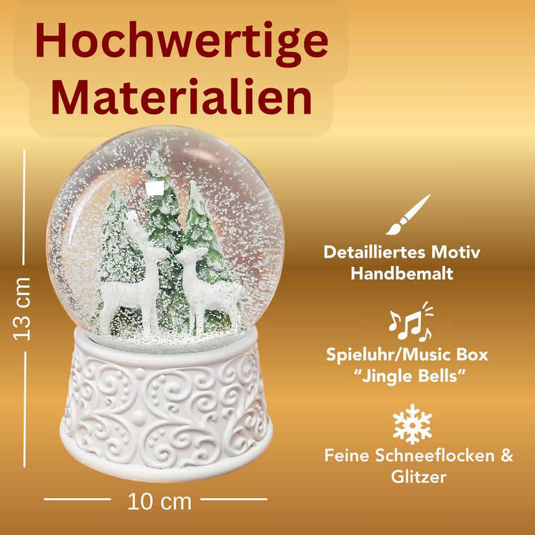 Nostalgische Schneekugel 2 Rehe Hüttenzauber 100 mm Durchmesser mit Spieluhr - Schneekugelhaus