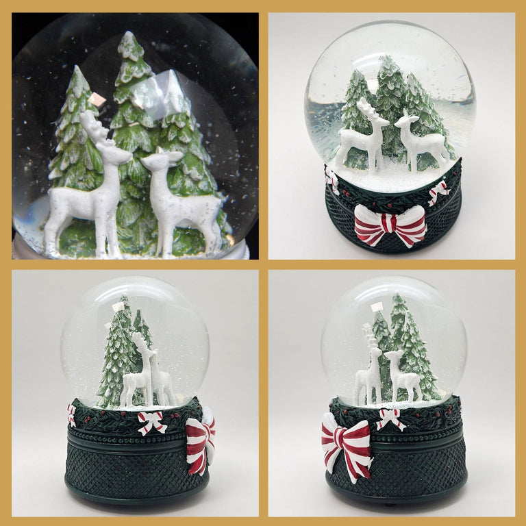 Nostalgische Schneekugel 2 Rehe Weihnachtsdekor grün 100 mm Durchmesser mit Spieluhr - Schneekugelhaus